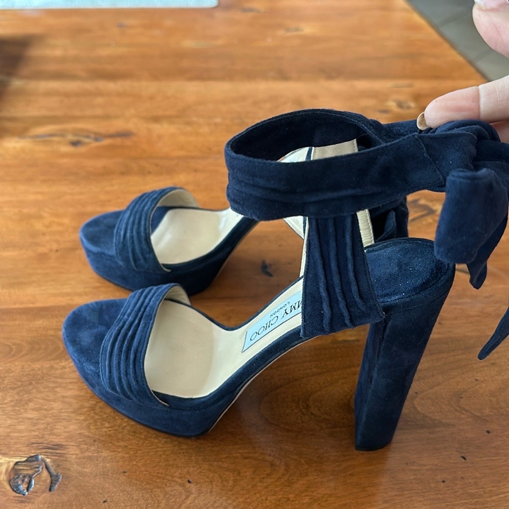 Jimmy Choo Kaytrin suede platform, bow sandals in navy blue size 37.